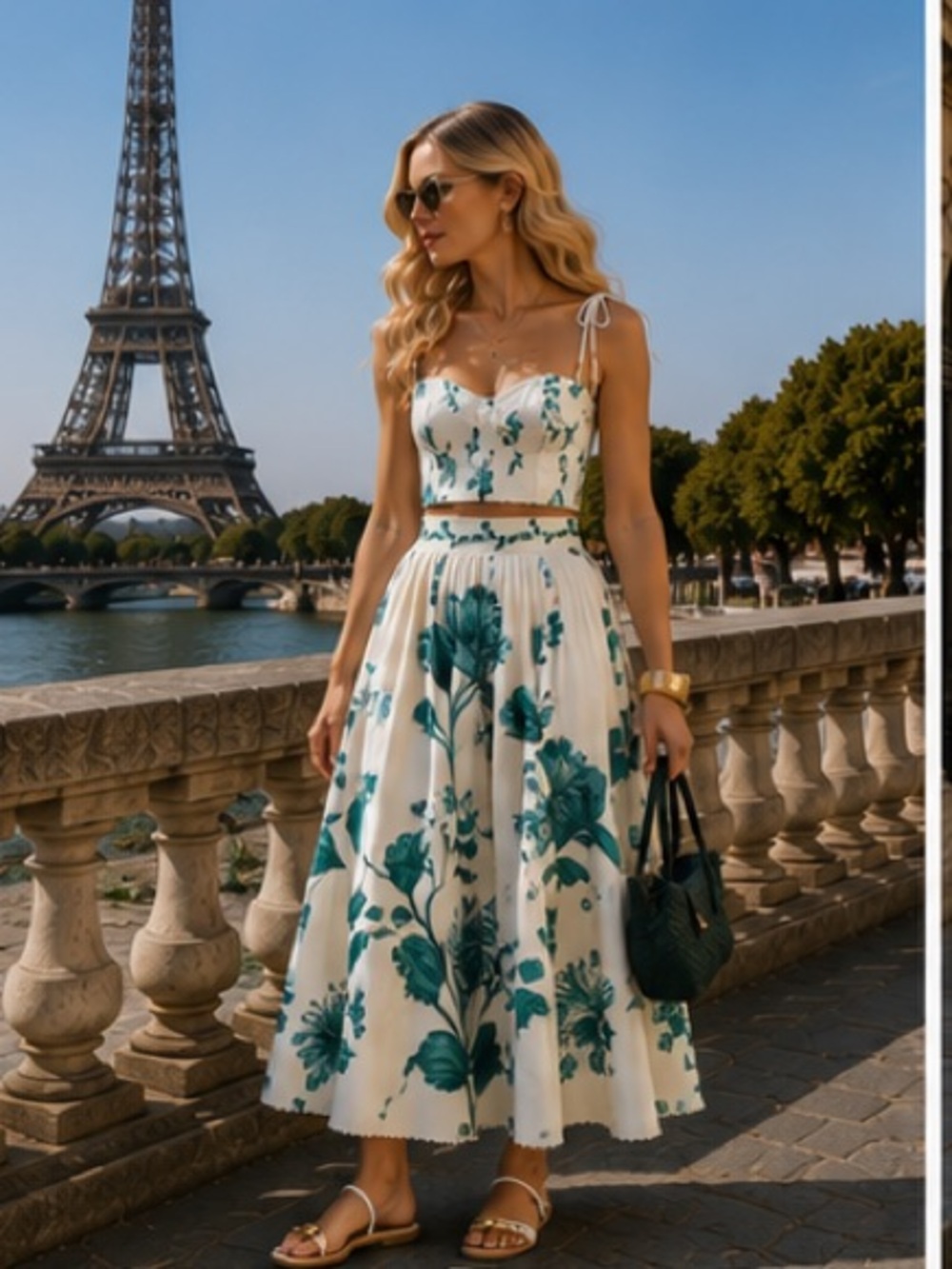Agua by Agua Bendita Cream Midi set top+skirt with Teal Botanical Print